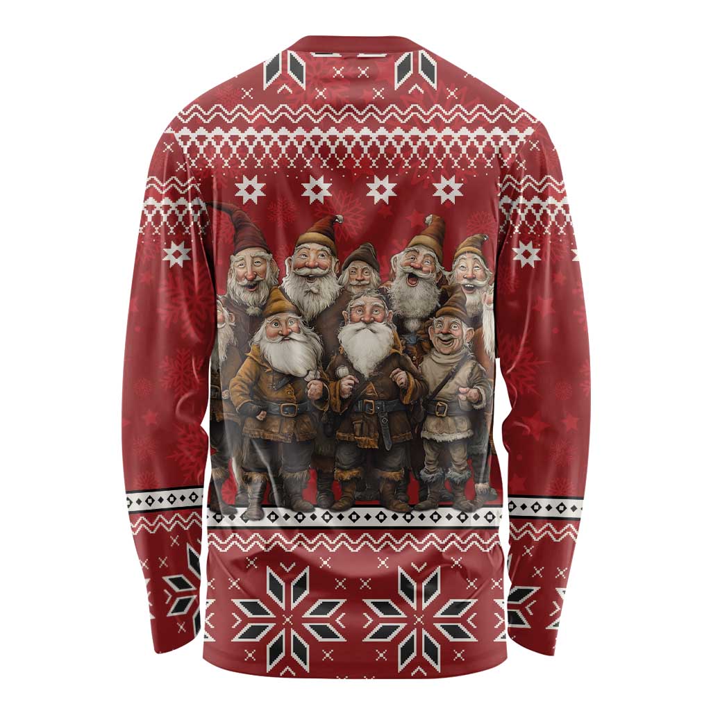 Red long-sleeve Christmas shirt (back) with Yule lads print and Nordic border patterns