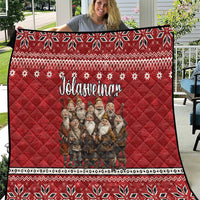 Red Icelandic quilt with Nordic snowflake border and gnome character group in center