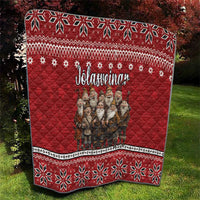 Red quilt with Yule Lads and Icelandic Christmas pattern