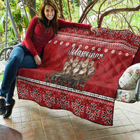 Red Icelandic Christmas quilt with Yule Lads print