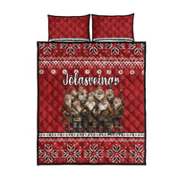 Red quilt bed set with central folklore scene, Nordic borders, and two quilted pillow shams.