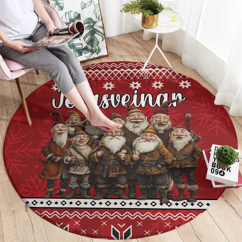 Red round carpet with Yule Lads folklore print and festive lettering