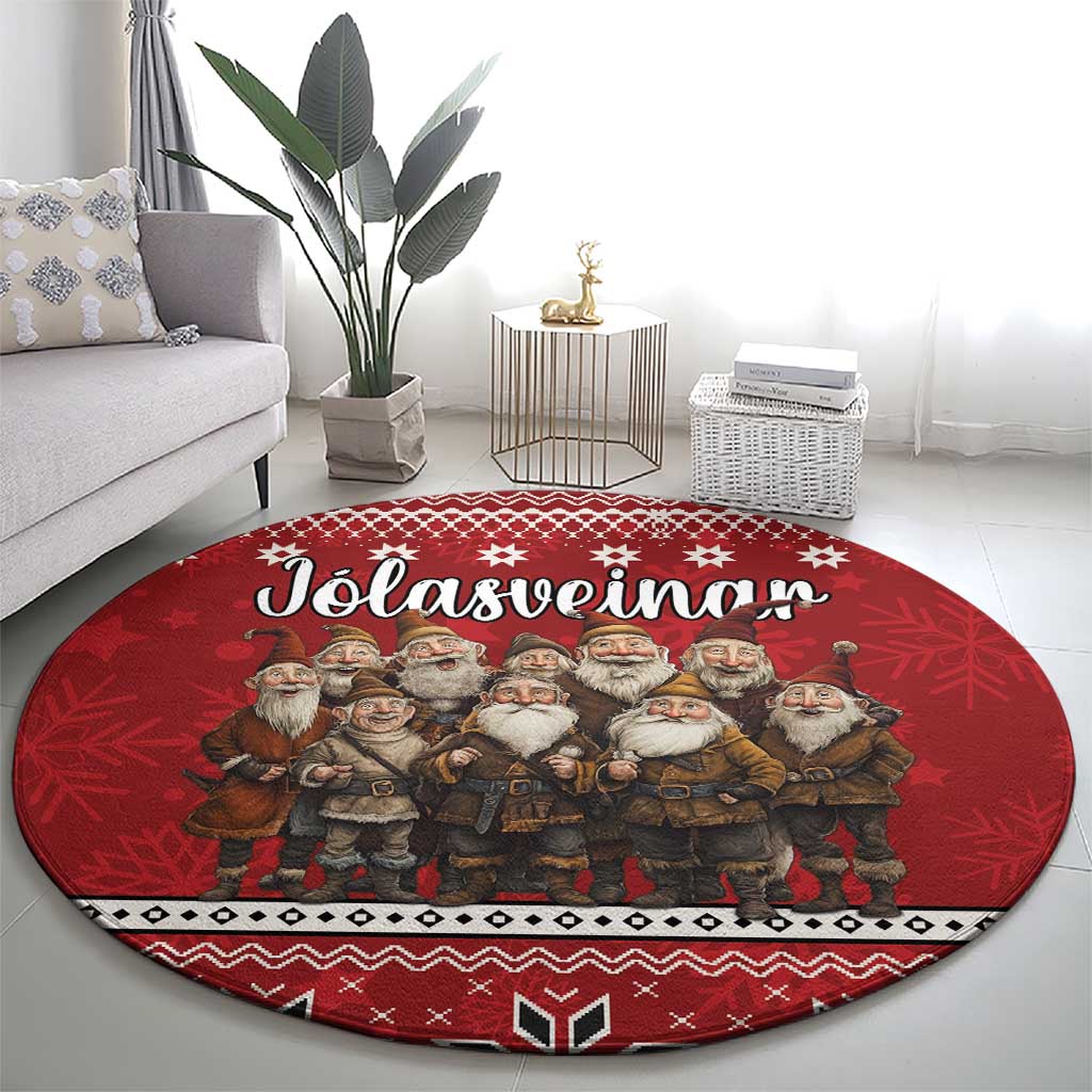 Red round rug with Yule Lads and Jólasveinar Christmas graphic