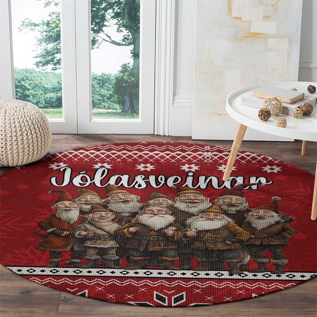Round red Yule Lads rug with Icelandic Christmas characters