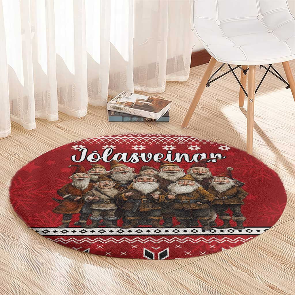 Round carpet with Yule Lads Christmas folklore print, red