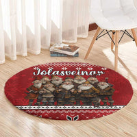 Round carpet with Yule Lads Christmas folklore print, red