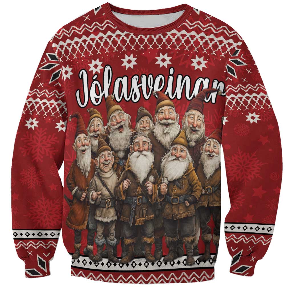 Red unisex crewneck Christmas sweatshirt with Yule lads graphic and snowflake pattern
