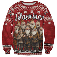 Red unisex crewneck Christmas sweatshirt with Yule lads graphic and snowflake pattern