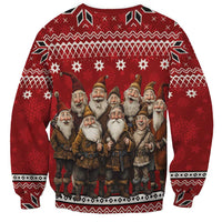 Red unisex crewneck Christmas sweatshirt with group of Yule lads illustration front