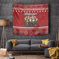 Red Yule Lads Iceland Christmas tapestry with folklore figures and snowflake border