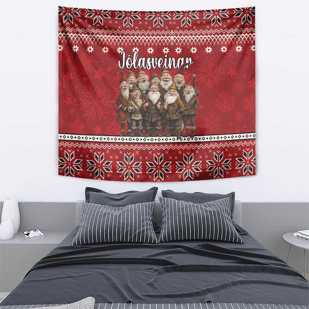 Red Icelandic Christmas tapestry with Yule Lads and festive border