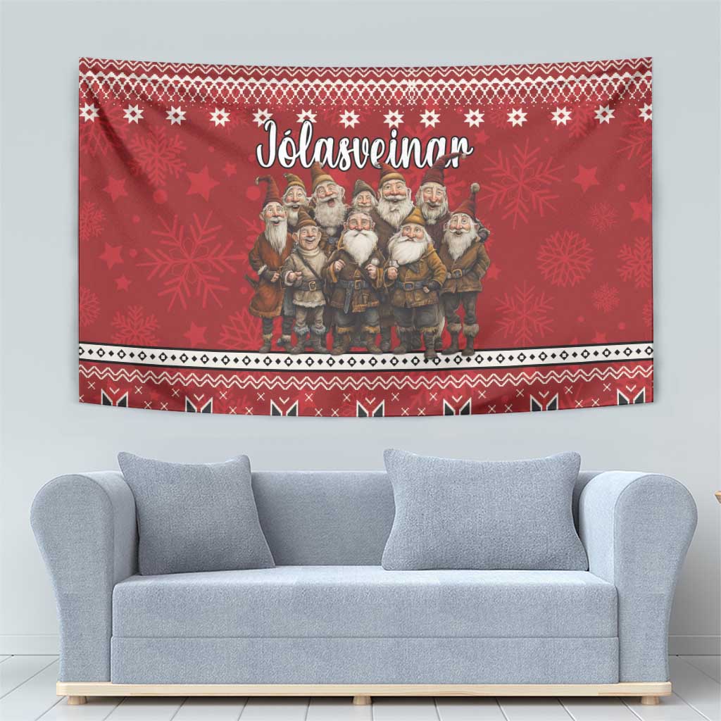 Red tapestry with Yule Lads and Icelandic Christmas folklore design