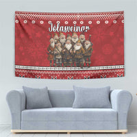 Red tapestry with Yule Lads and Icelandic Christmas folklore design