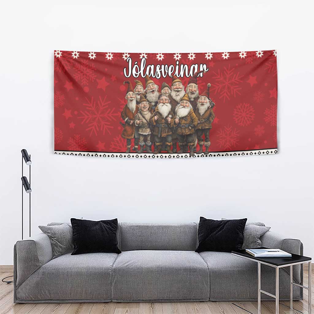 Red tapestry with Yule Lads illustration and winter pattern