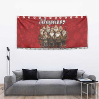 Red tapestry with Yule Lads illustration and winter pattern
