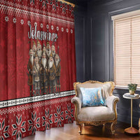 Red Icelandic Christmas window curtains with Yule lads family graphic and star border