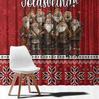 Red Christmas window curtain with large Yule lads gnome figures and geometric border