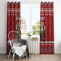 Red Icelandic Yule lads window curtains with tall gnome artwork and Nordic border bands