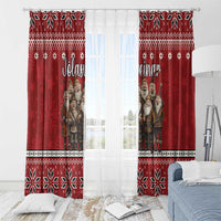 Red Christmas window curtain panels with Yule lads gnome print and patterned hem