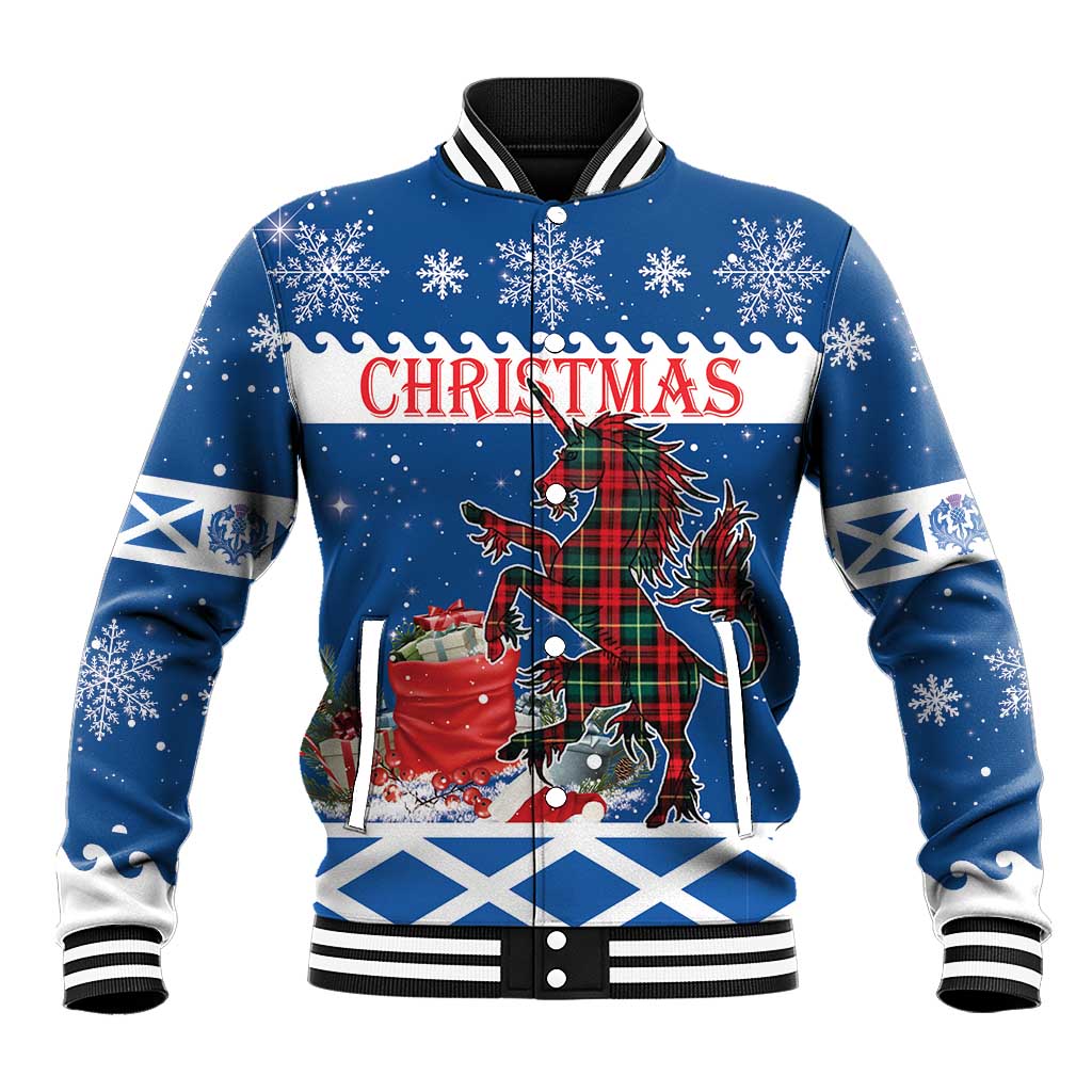 Blue Christmas varsity baseball jacket with unicorn graphic, tartan plaid and striped cuffs
