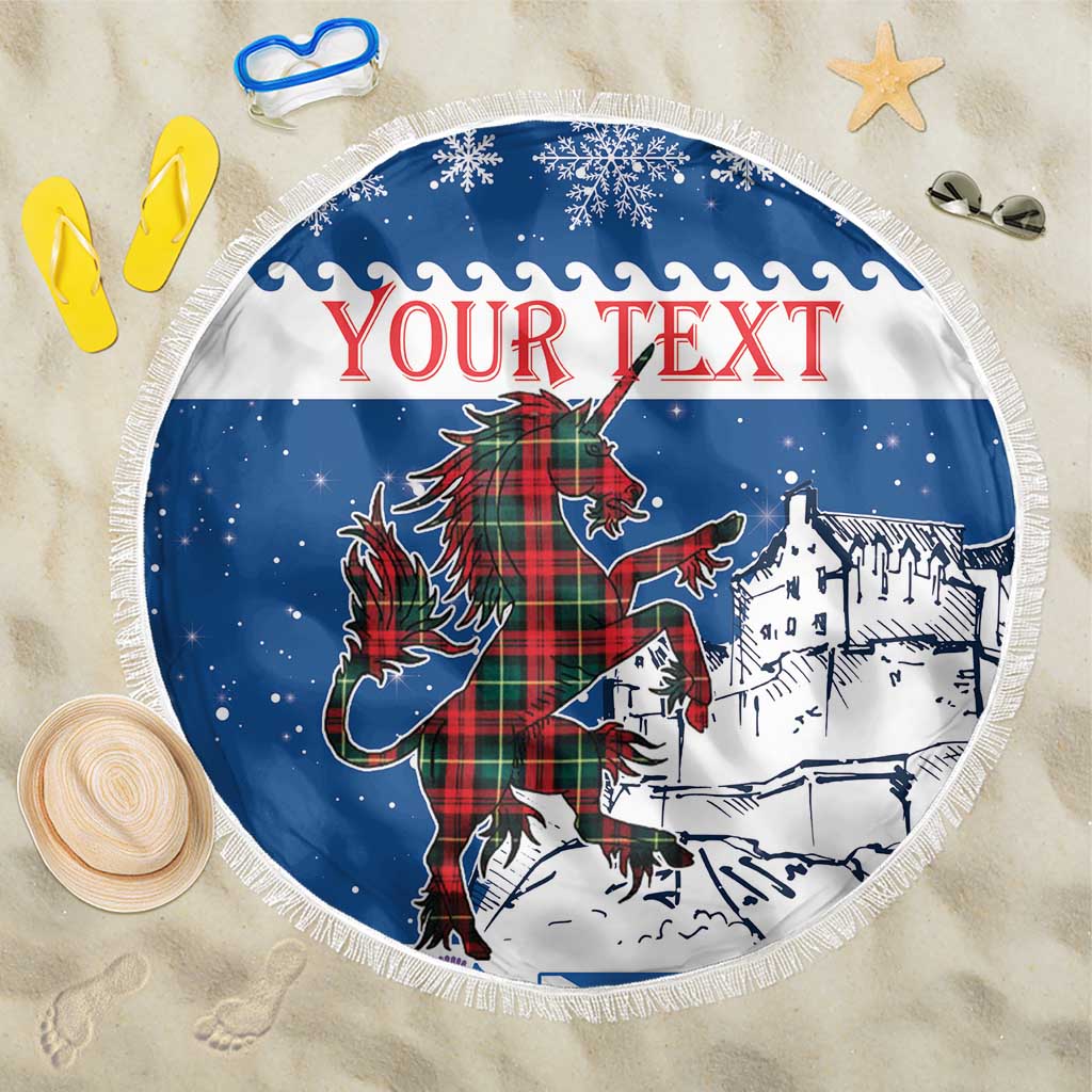 Round blue beach blanket with fringe edge; unicorn and castle graphic with 'YOUR TEXT'