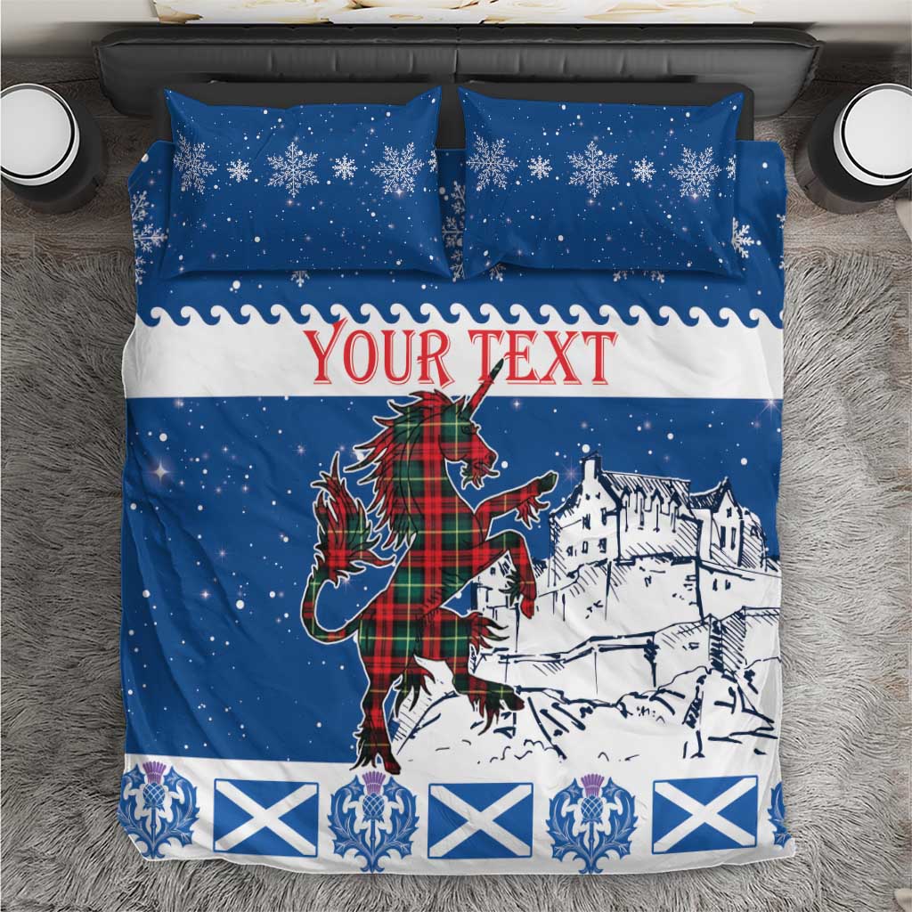 Blue Christmas bedding set with unicorn and castle print, white trim, 'YOUR TEXT' panel