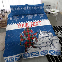 Blue Christmas bedding set: unicorn and castle landscape, 'YOUR TEXT' band, matching pillows