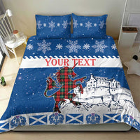 Blue Christmas bedding set with unicorn on tartan plaid and castle graphic, 'YOUR TEXT'