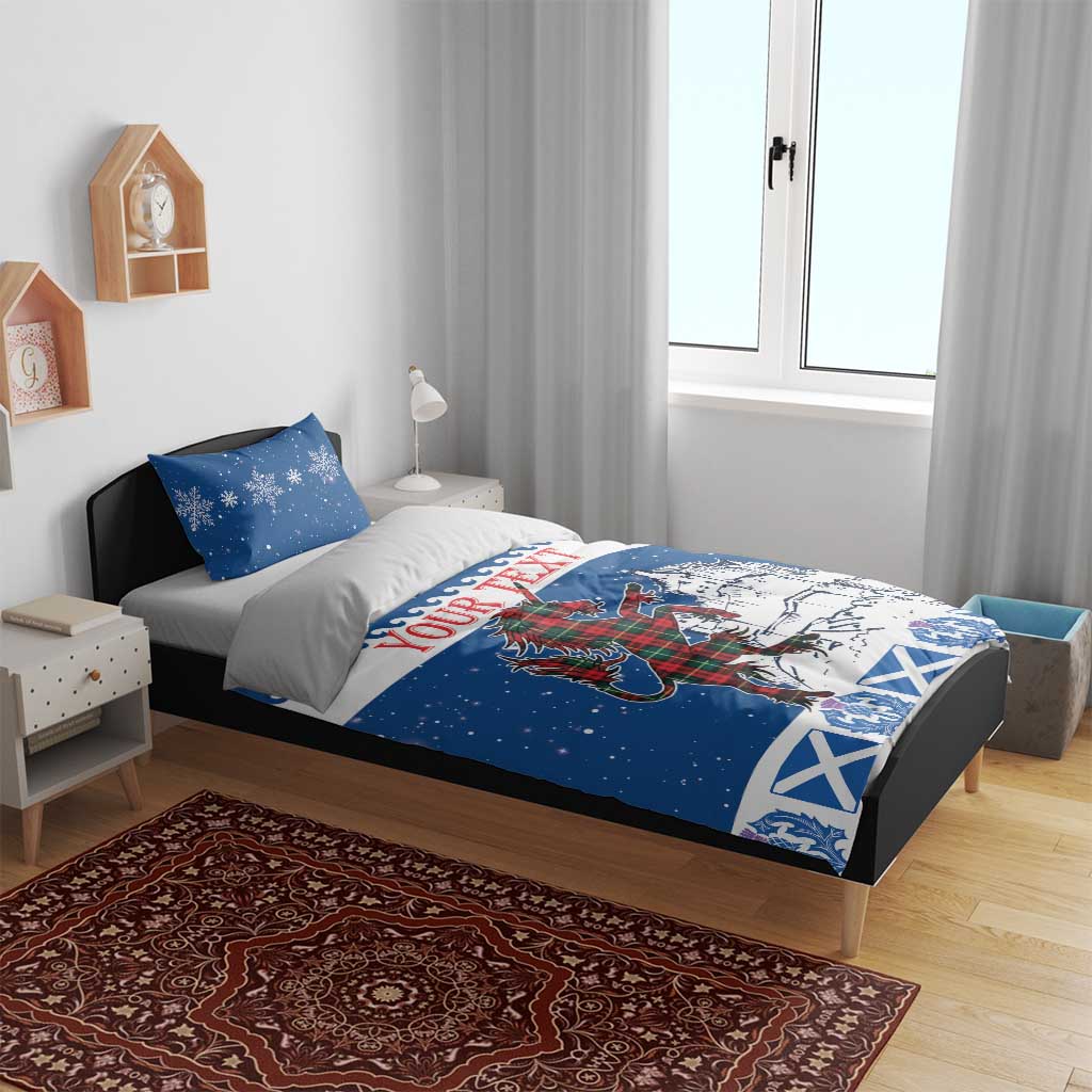 Blue Christmas bedding set with unicorn and castle print on duvet, two matching pillows