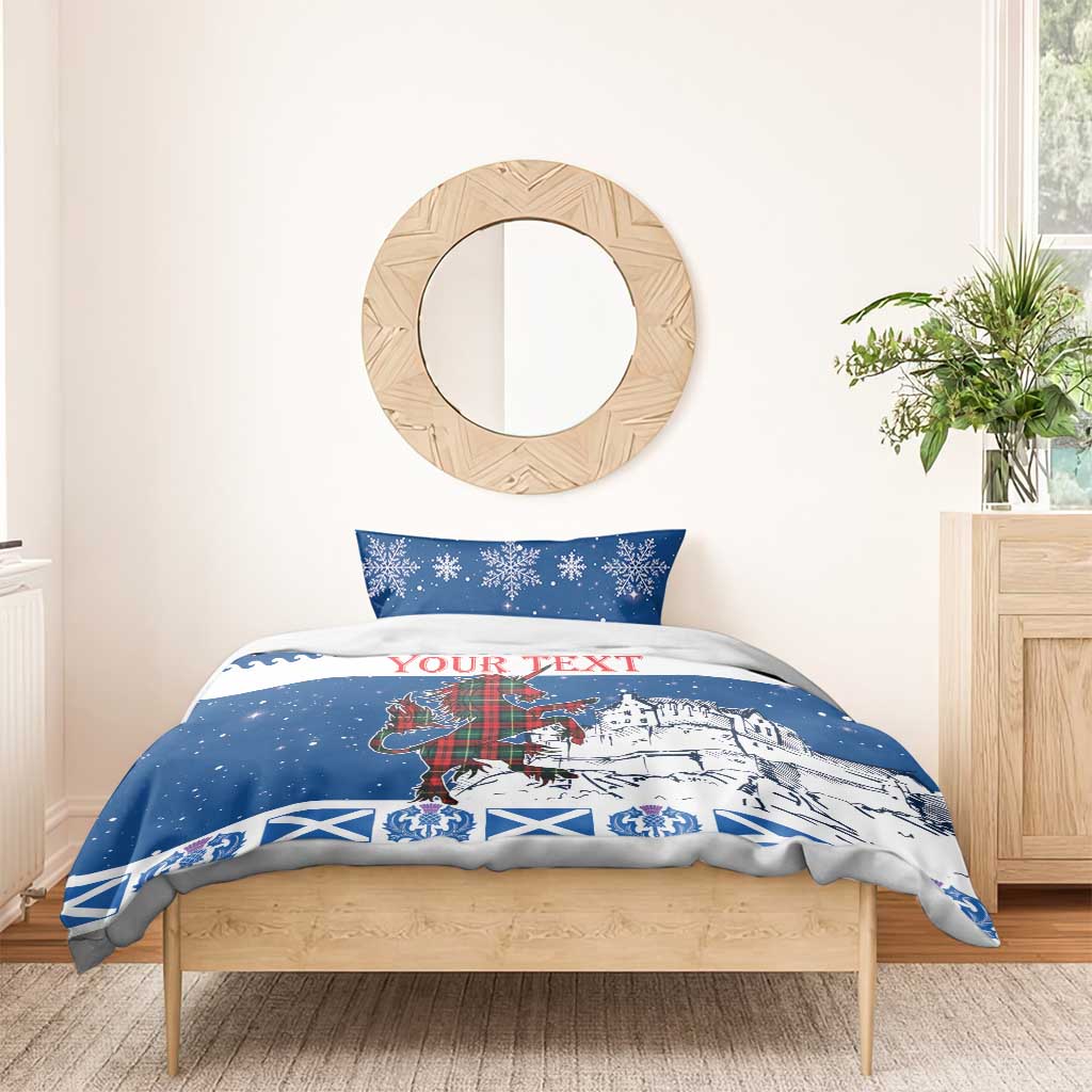 Blue Christmas bedding set with unicorn and castle artwork, 'YOUR TEXT' on duvet front