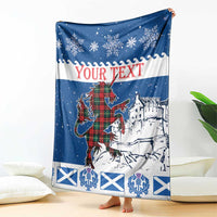 Blue and white personalized blanket with 'YOUR TEXT', unicorn and castle scene