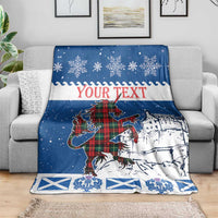 Blue and white Christmas throw blanket with unicorn, castle, tartan plaid, and snowflakes