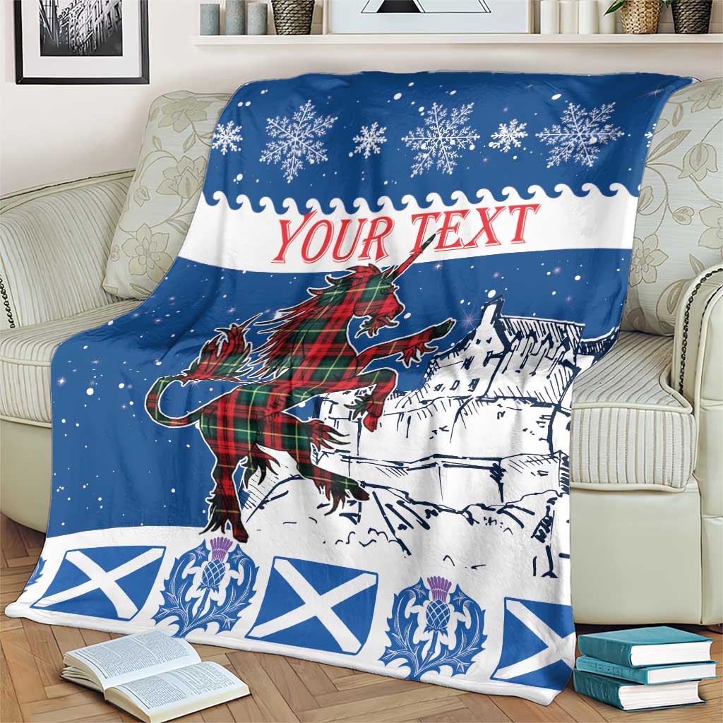 Blue and white personalized unicorn Christmas blanket with castle, tartan plaid, and flags