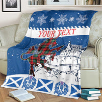 Blue and white personalized unicorn Christmas blanket with castle, tartan plaid, and flags