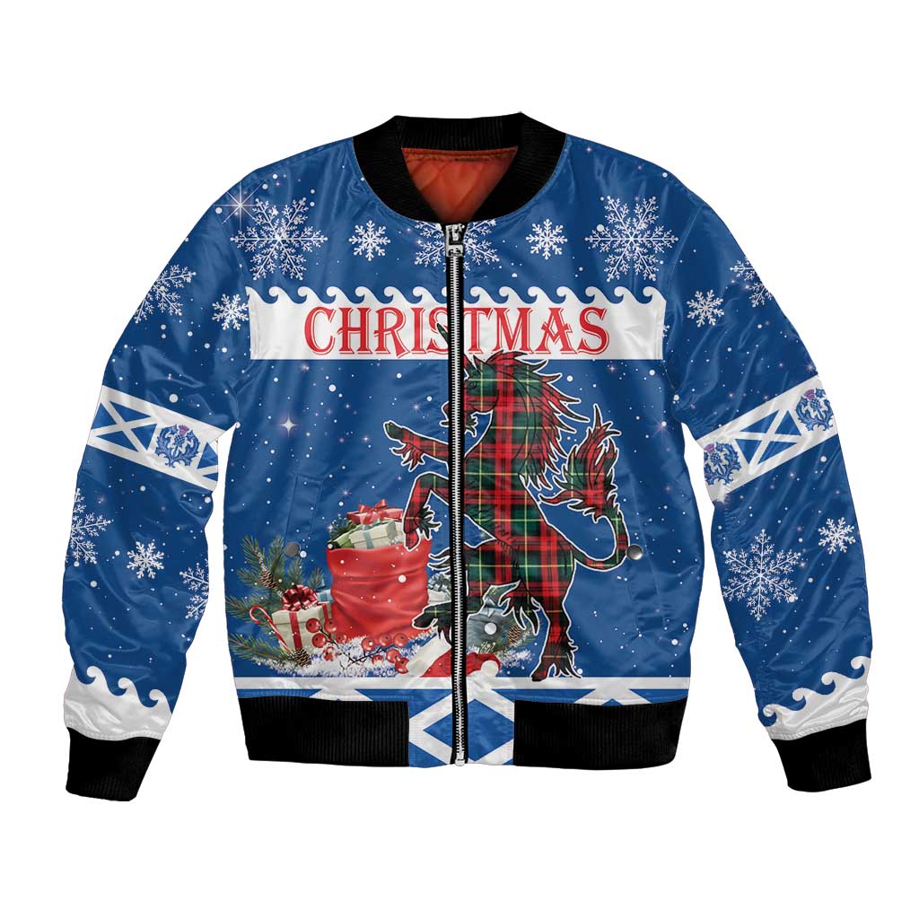 Blue Christmas bomber jacket with zipper, snowflakes, unicorn and castle graphic, ribbed cuffs