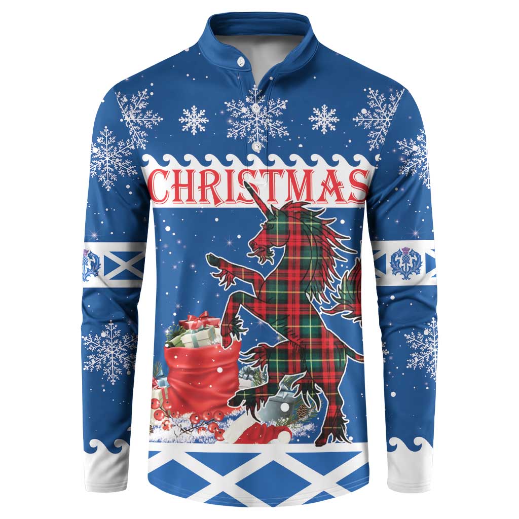 Blue button-front sweatshirt with Christmas graphic, tartan unicorns, and snowflakes
