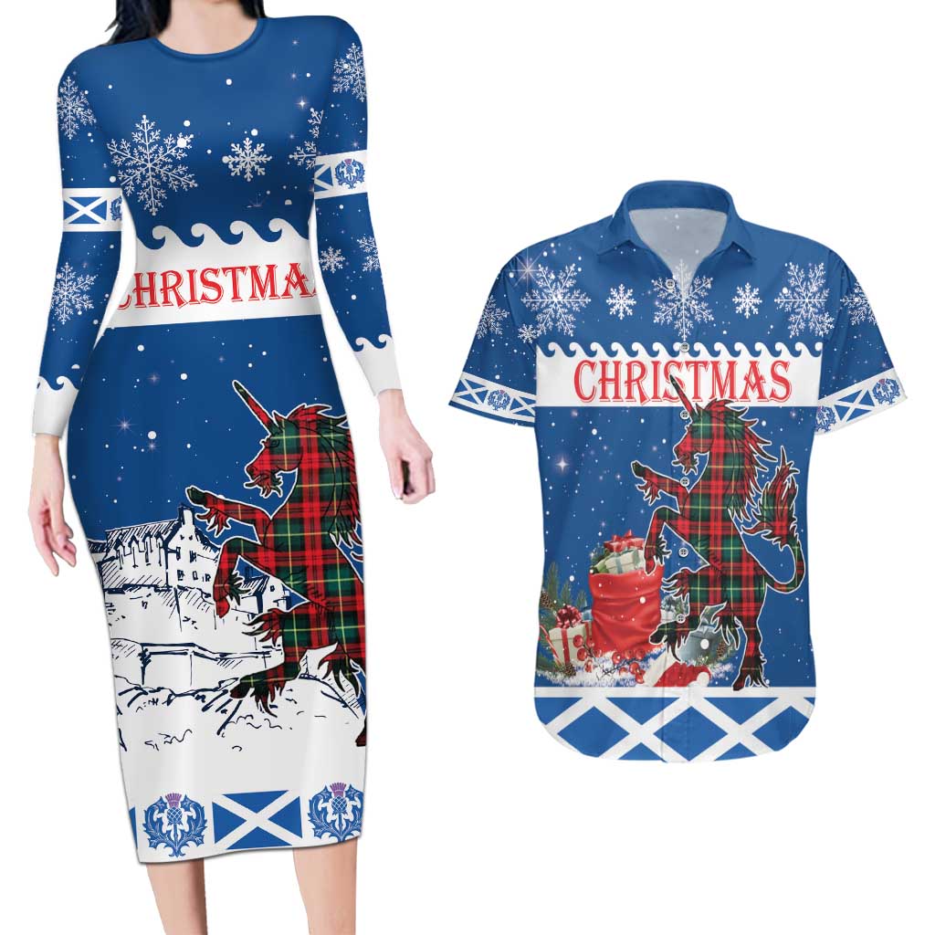 Personalized Scotland Christmas Couples Matching Long Sleeve Bodycon Dress and Hawaiian Shirt Tartan Unicorn with Edinburgh Castle - Wonder Print Shop