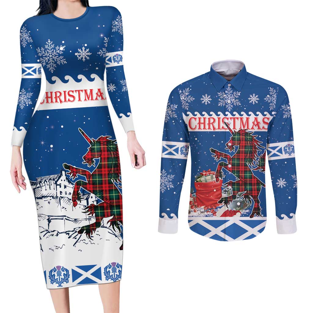 Personalized Scotland Christmas Couples Matching Long Sleeve Bodycon Dress and Long Sleeve Button Shirt Tartan Unicorn with Edinburgh Castle - Wonder Print Shop