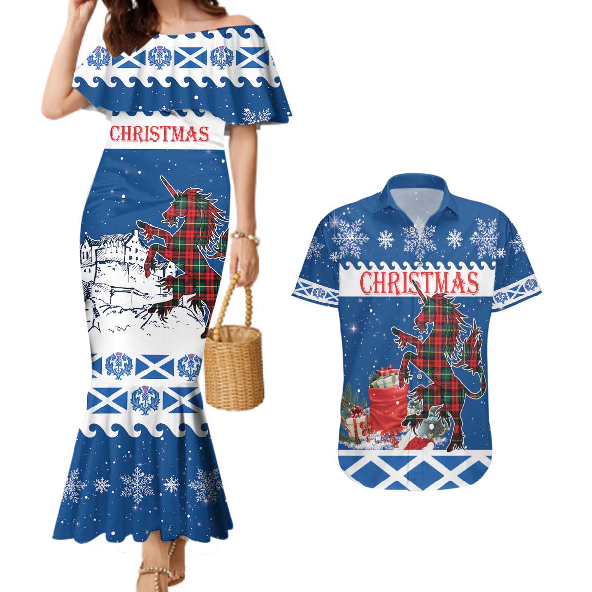 Personalized Scotland Christmas Couples Matching Mermaid Dress and Hawaiian Shirt Tartan Unicorn with Edinburgh Castle - Wonder Print Shop