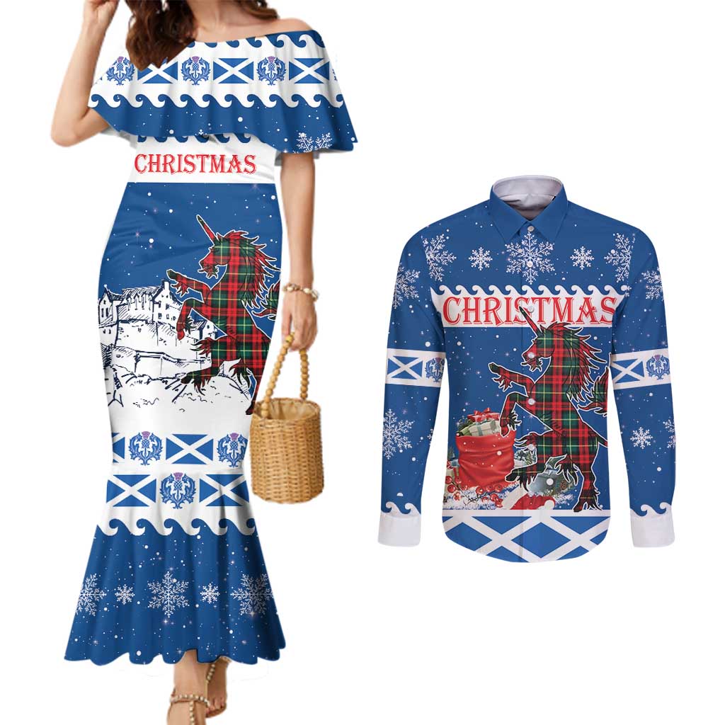 Personalized Scotland Christmas Couples Matching Mermaid Dress and Long Sleeve Button Shirt Tartan Unicorn with Edinburgh Castle