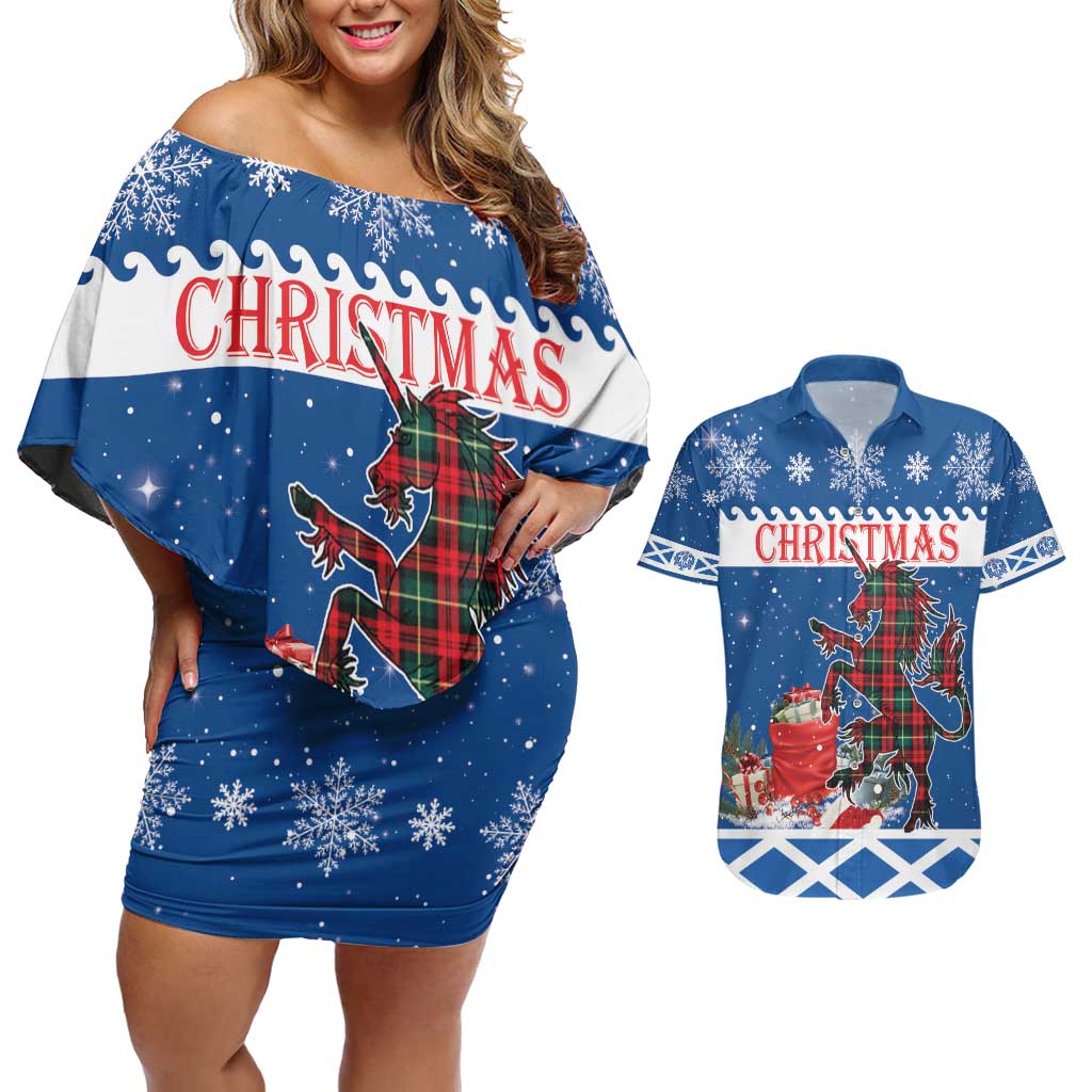 Personalized Scotland Christmas Couples Matching Off Shoulder Short Dress and Hawaiian Shirt Tartan Unicorn with Edinburgh Castle - Wonder Print Shop