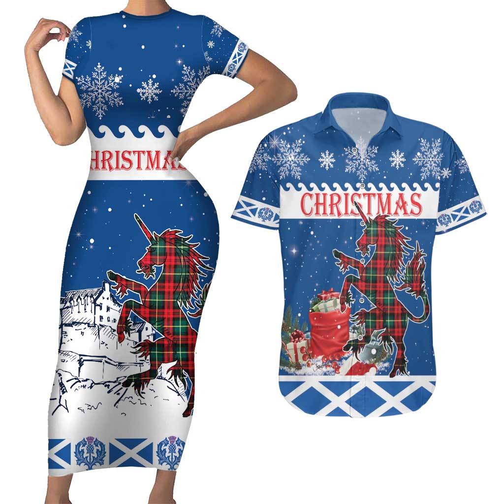 Personalized Scotland Christmas Couples Matching Short Sleeve Bodycon Dress and Hawaiian Shirt Tartan Unicorn with Edinburgh Castle - Wonder Print Shop