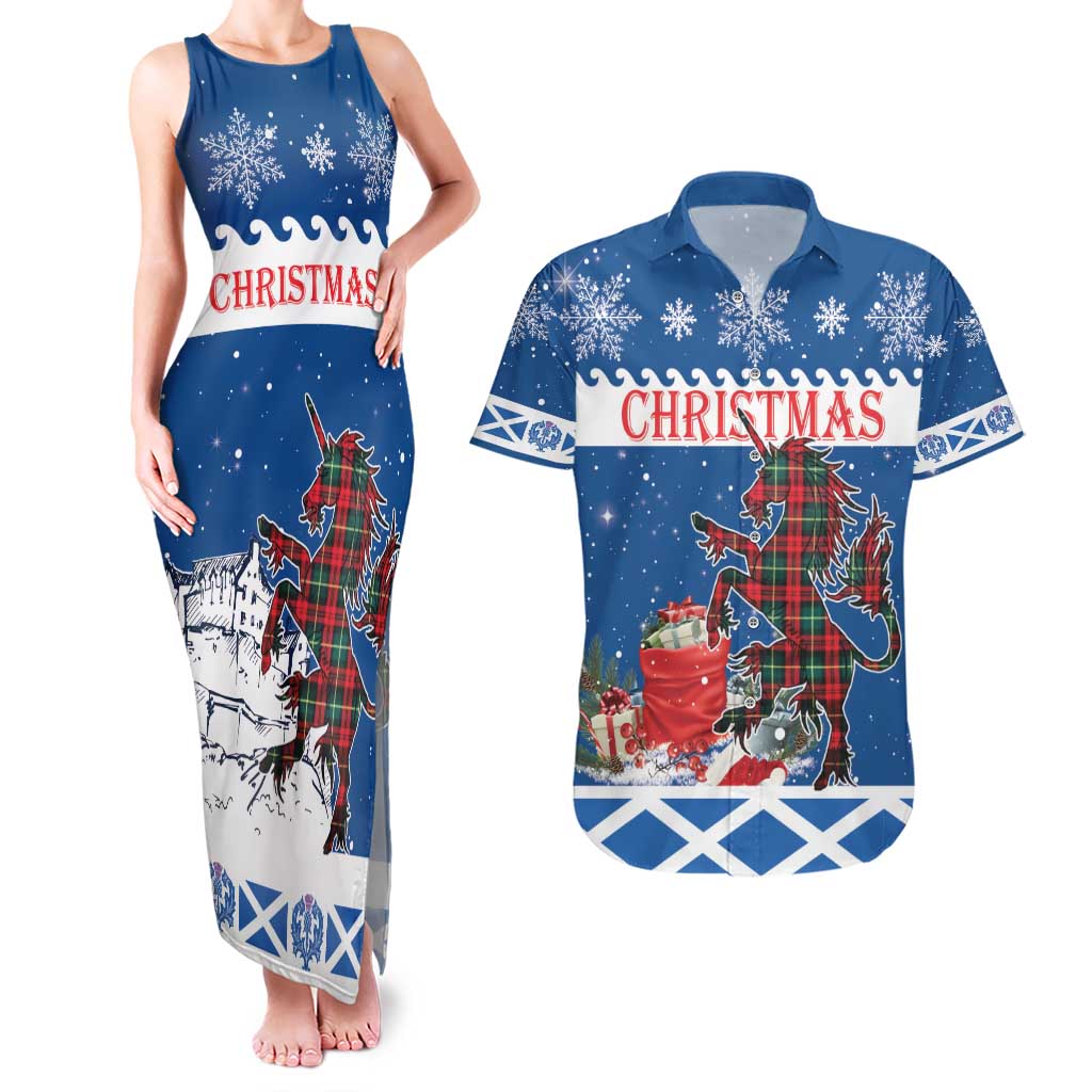 Personalized Scotland Christmas Couples Matching Tank Maxi Dress and Hawaiian Shirt Tartan Unicorn with Edinburgh Castle - Wonder Print Shop