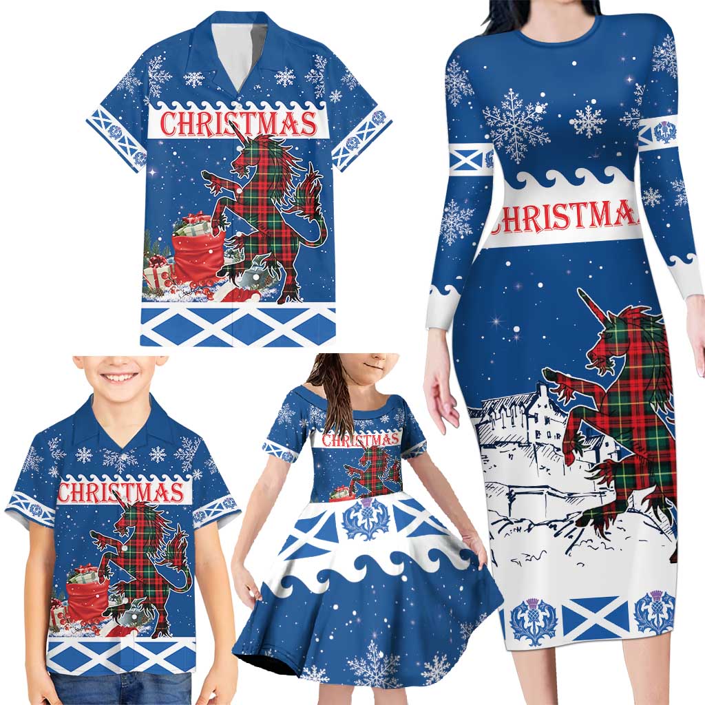 Personalized Scotland Christmas Family Matching Long Sleeve Bodycon Dress and Hawaiian Shirt Tartan Unicorn with Edinburgh Castle - Wonder Print Shop