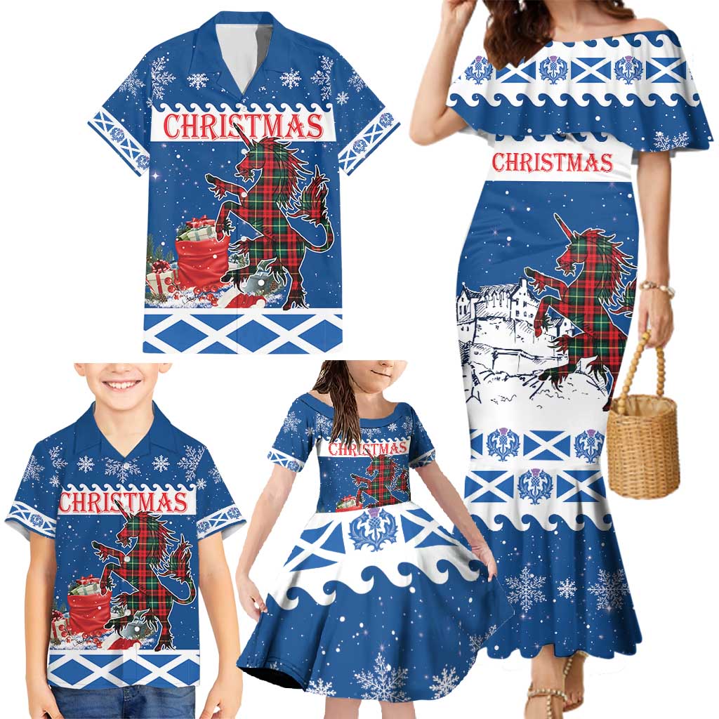 Personalized Scotland Christmas Family Matching Mermaid Dress and Hawaiian Shirt Tartan Unicorn with Edinburgh Castle - Wonder Print Shop