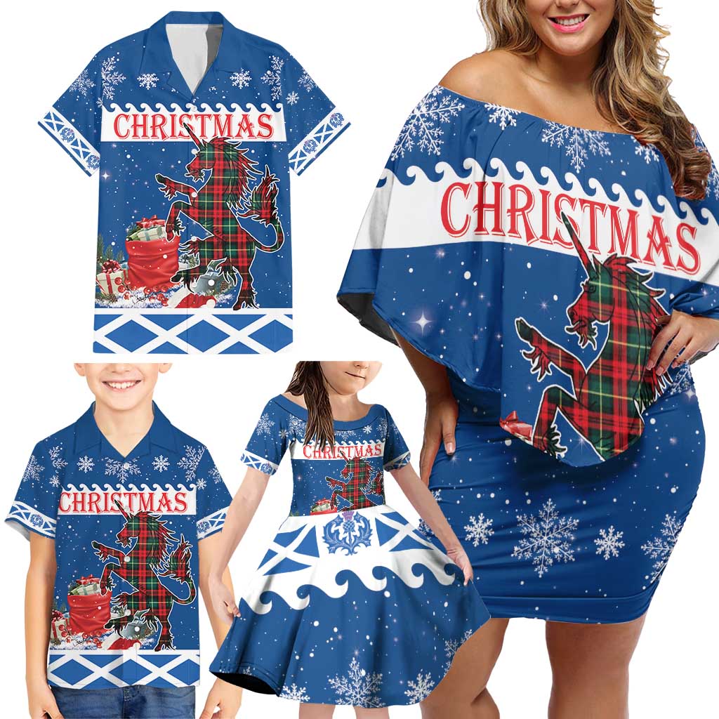 Personalized Scotland Christmas Family Matching Off Shoulder Short Dress and Hawaiian Shirt Tartan Unicorn with Edinburgh Castle - Wonder Print Shop