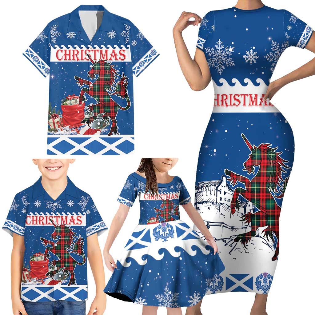 Personalized Scotland Christmas Family Matching Short Sleeve Bodycon Dress and Hawaiian Shirt Tartan Unicorn with Edinburgh Castle - Wonder Print Shop