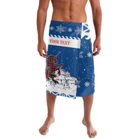 Blue personalized Christmas lavalava with unicorn and castle graphic, 'YOUR TEXT' banner