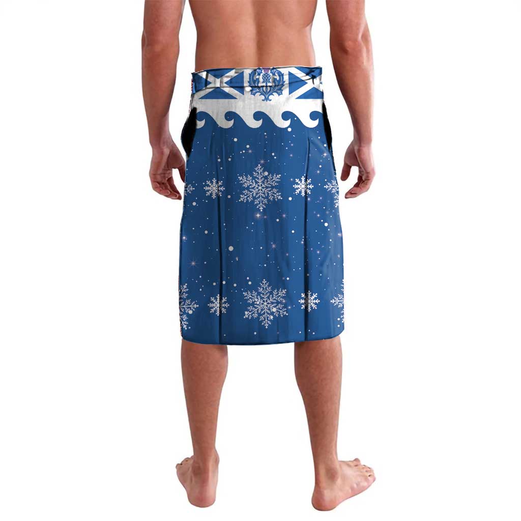Blue Christmas lavalava with snowy flake print and crest border at waistband