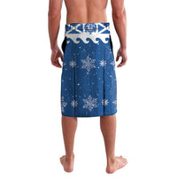 Blue Christmas lavalava with snowy flake print and crest border at waistband